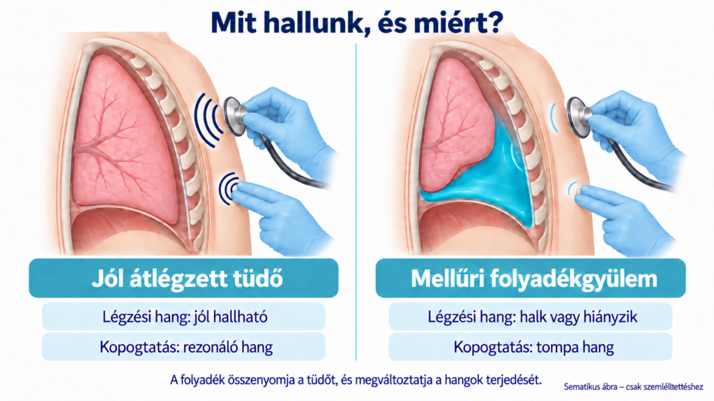 A jól átlégzett tüdő és a mellűri folyadékgyülem fizikális vizsgálatának különbsége.